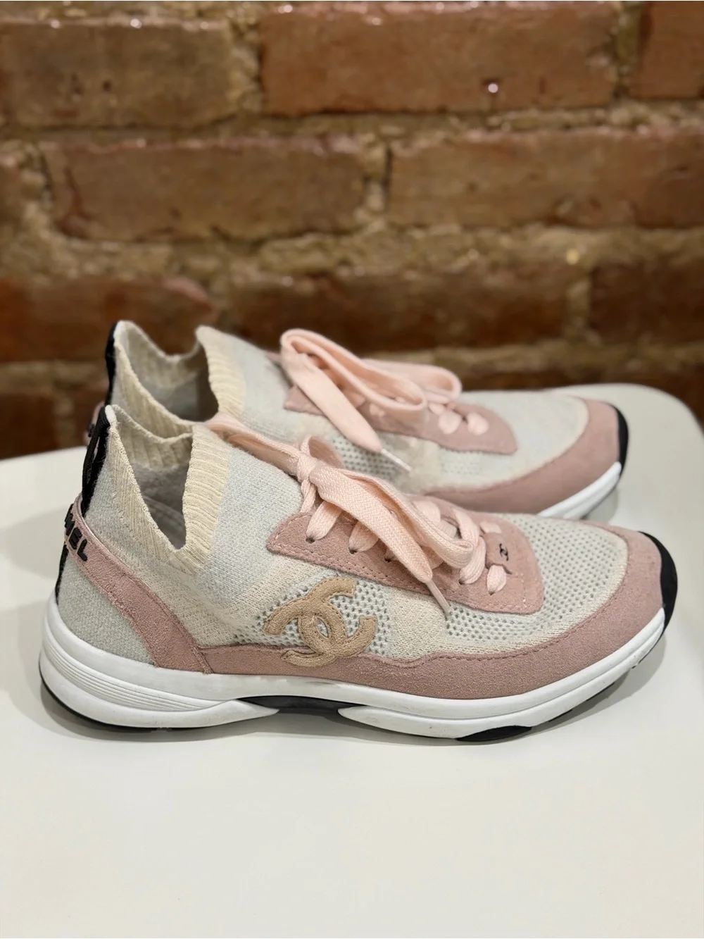 Chanel CC Size 39 Two Tone Knit Fabric and Suede Lace Up Sneakers
